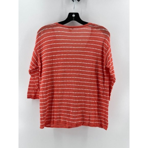 J Jill Women's Orange White Striped Knit Linen Sweater 3/4 Sleeve Size Small - Picture 4 of 10